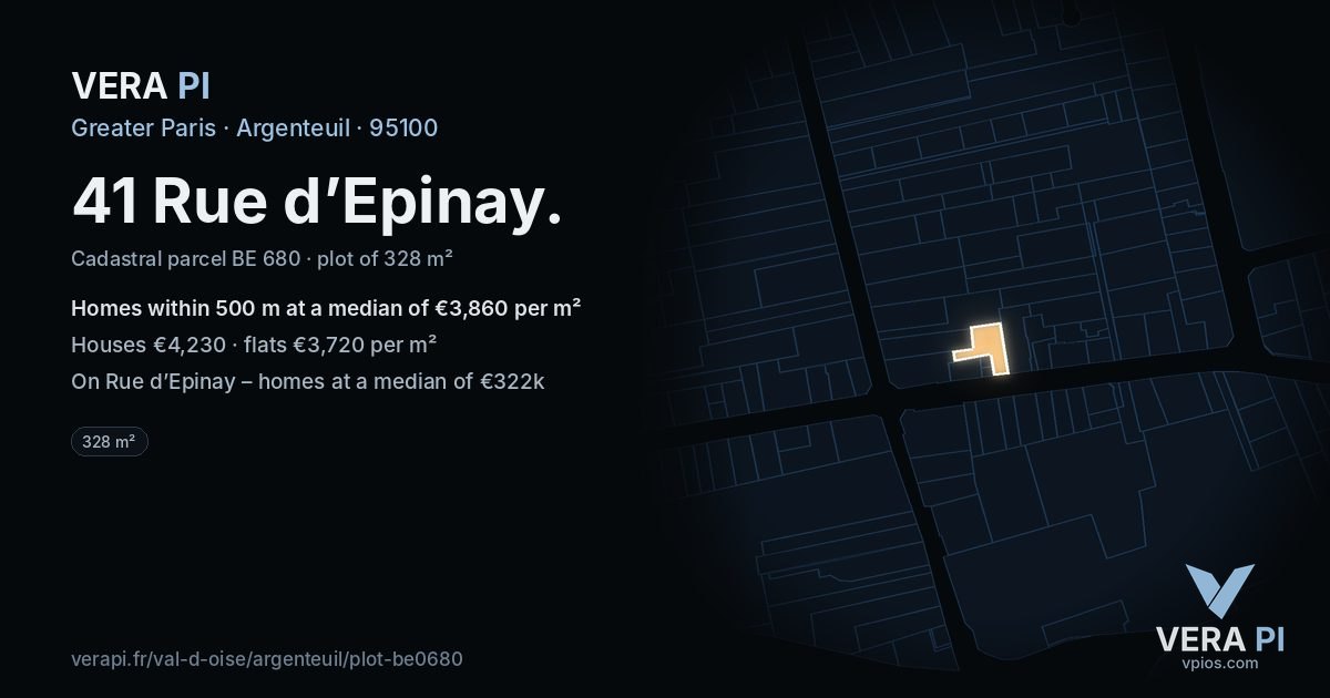41 Rue d’Epinay, Argenteuil at night – the plot lit, the parcels around coloured by the prices near them