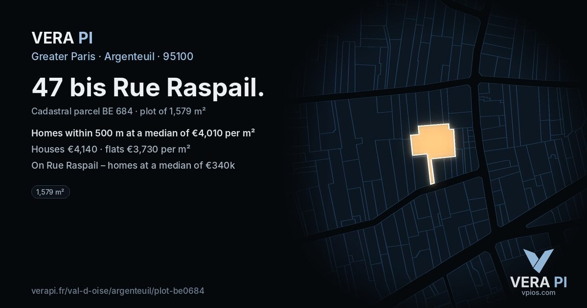 47 bis Rue Raspail, Argenteuil at night – the plot lit, the parcels around coloured by the prices near them