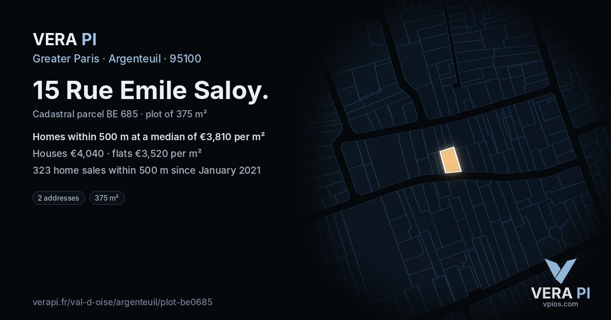 15 Rue Emile Saloy, Argenteuil at night – the plot lit, the parcels around coloured by the prices near them