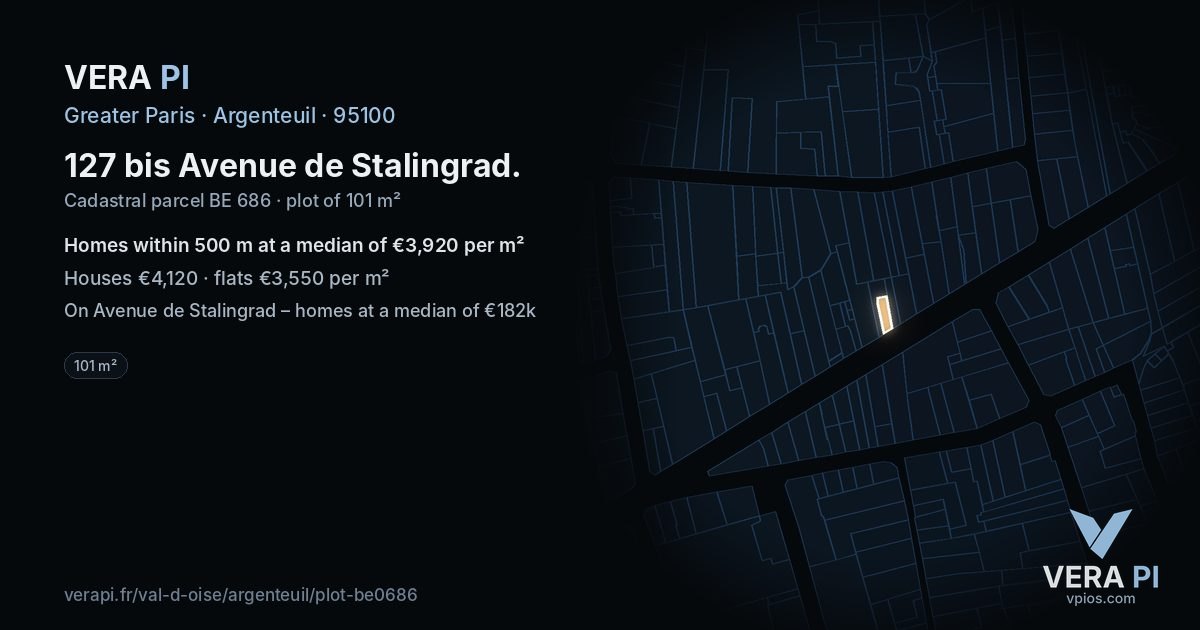 127 bis Avenue de Stalingrad, Argenteuil at night – the plot lit, the parcels around coloured by the prices near them
