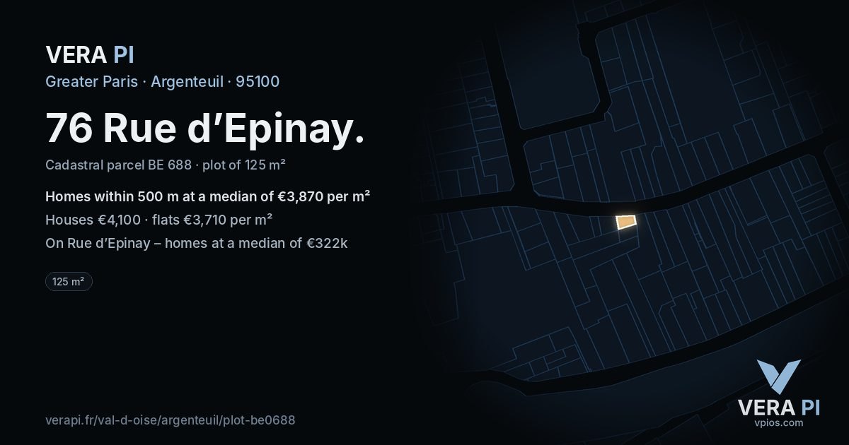 76 Rue d’Epinay, Argenteuil at night – the plot lit, the parcels around coloured by the prices near them