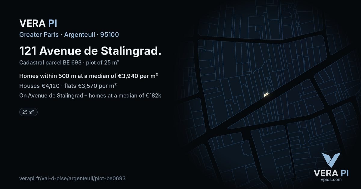121 Avenue de Stalingrad, Argenteuil at night – the plot lit, the parcels around coloured by the prices near them