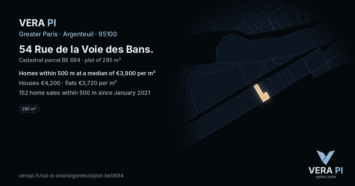 54 Rue de la Voie des Bans, Argenteuil at night – the plot lit, the parcels around coloured by the prices near them