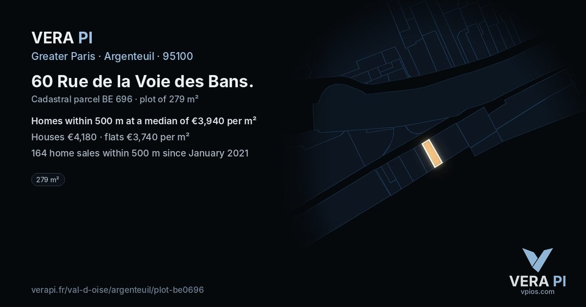 60 Rue de la Voie des Bans, Argenteuil at night – the plot lit, the parcels around coloured by the prices near them