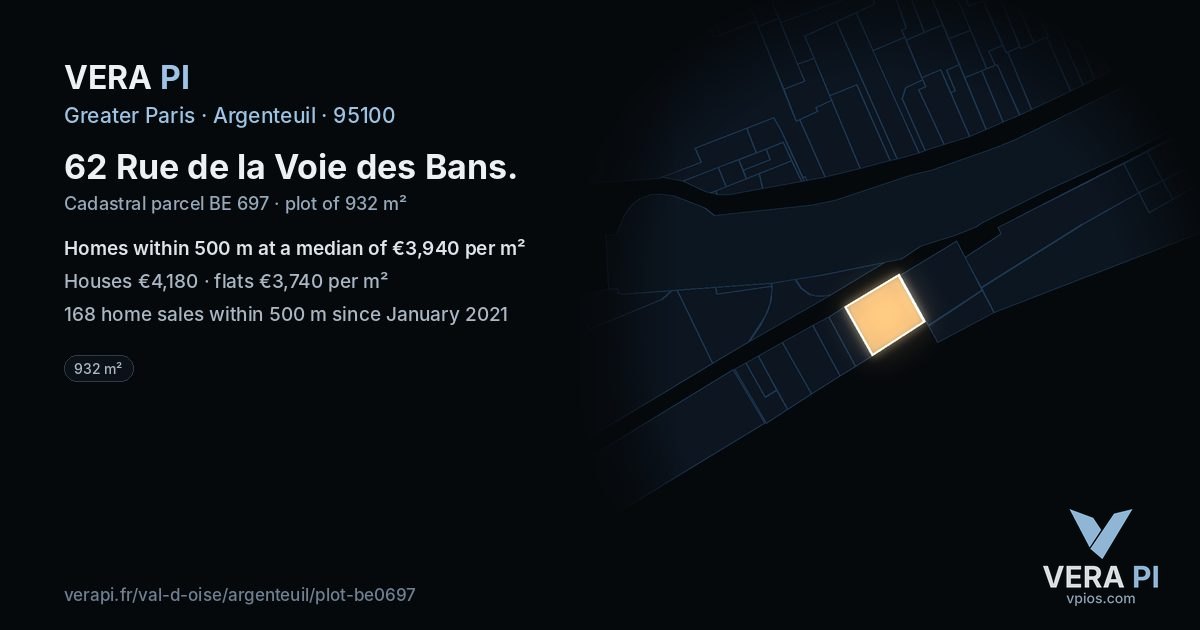 62 Rue de la Voie des Bans, Argenteuil at night – the plot lit, the parcels around coloured by the prices near them