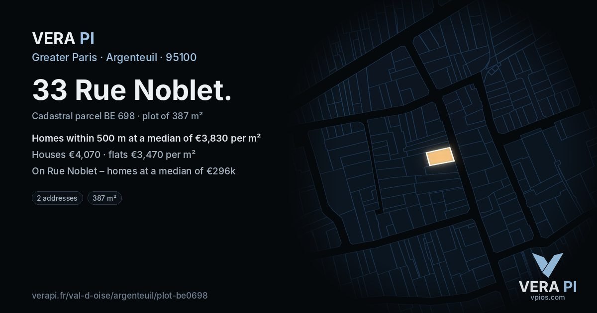 33 Rue Noblet, Argenteuil at night – the plot lit, the parcels around coloured by the prices near them