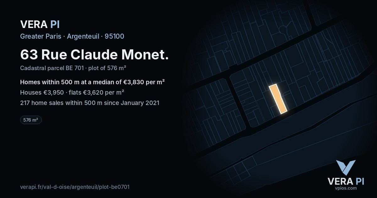 63 Rue Claude Monet, Argenteuil at night – the plot lit, the parcels around coloured by the prices near them