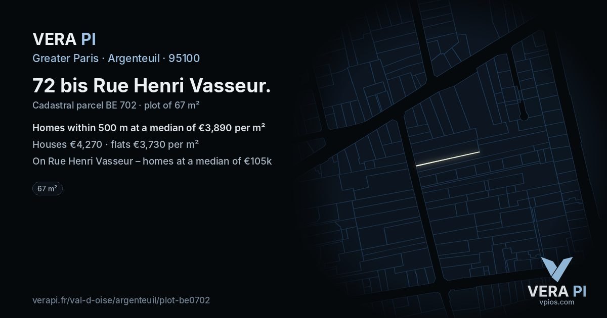 72 bis Rue Henri Vasseur, Argenteuil at night – the plot lit, the parcels around coloured by the prices near them