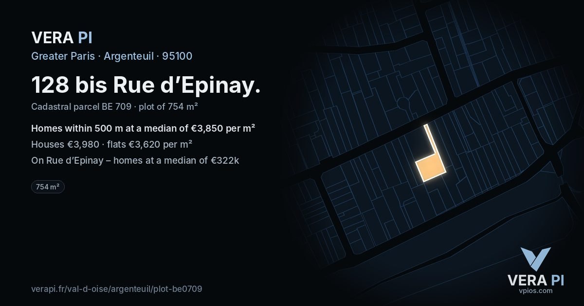 128 bis Rue d’Epinay, Argenteuil at night – the plot lit, the parcels around coloured by the prices near them
