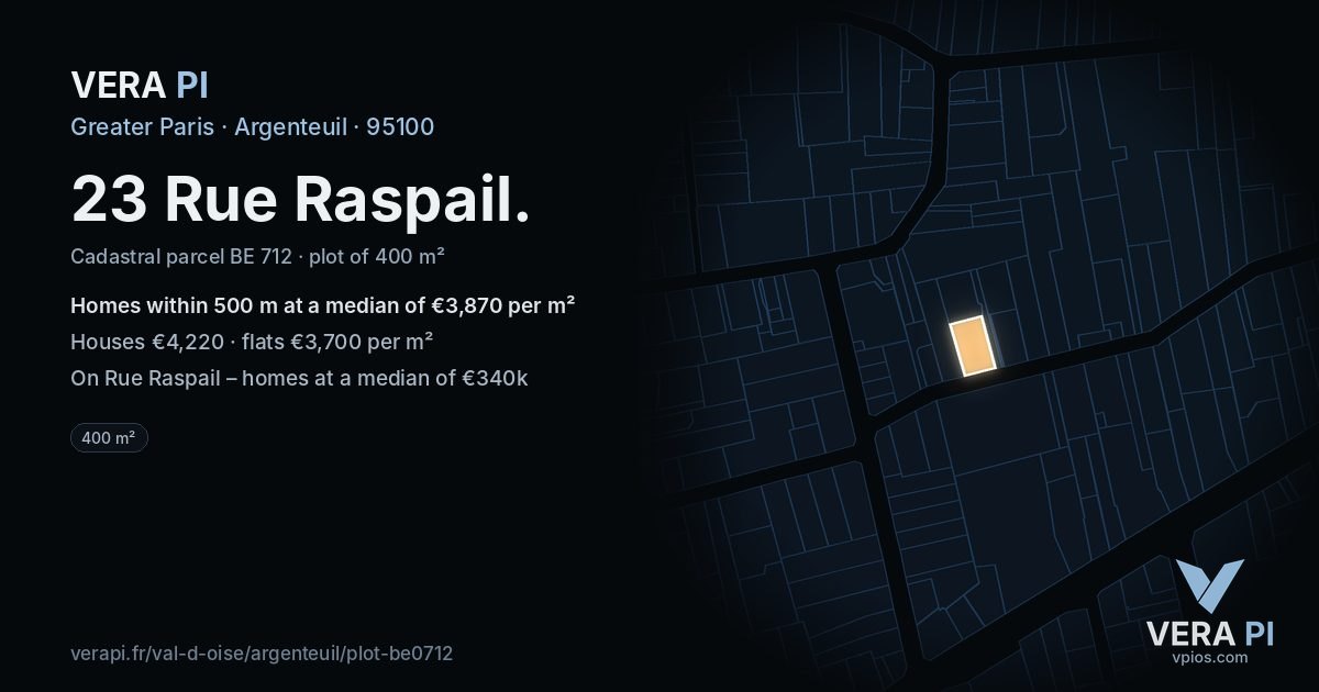 23 Rue Raspail, Argenteuil at night – the plot lit, the parcels around coloured by the prices near them