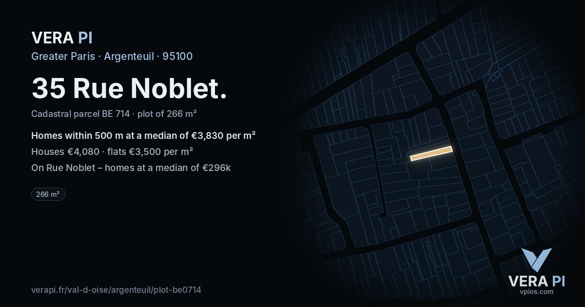 35 Rue Noblet, Argenteuil at night – the plot lit, the parcels around coloured by the prices near them