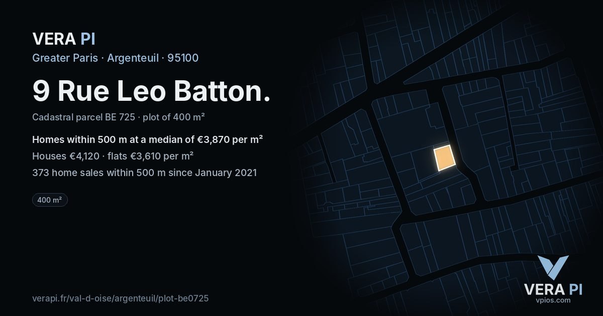 9 Rue Leo Batton, Argenteuil at night – the plot lit, the parcels around coloured by the prices near them