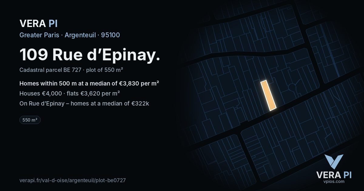 109 Rue d’Epinay, Argenteuil at night – the plot lit, the parcels around coloured by the prices near them