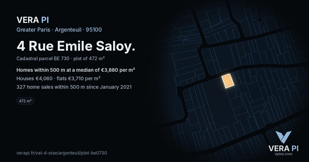 4 Rue Emile Saloy, Argenteuil at night – the plot lit, the parcels around coloured by the prices near them