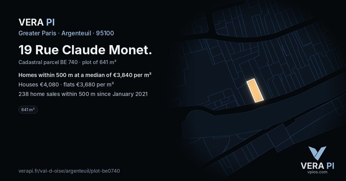 19 Rue Claude Monet, Argenteuil at night – the plot lit, the parcels around coloured by the prices near them