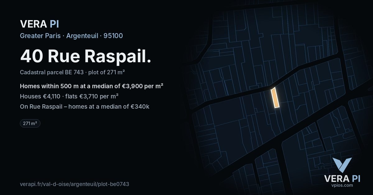 40 Rue Raspail, Argenteuil at night – the plot lit, the parcels around coloured by the prices near them