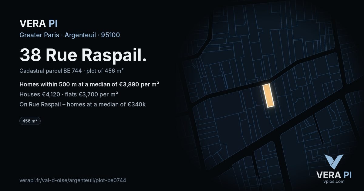 38 Rue Raspail, Argenteuil at night – the plot lit, the parcels around coloured by the prices near them