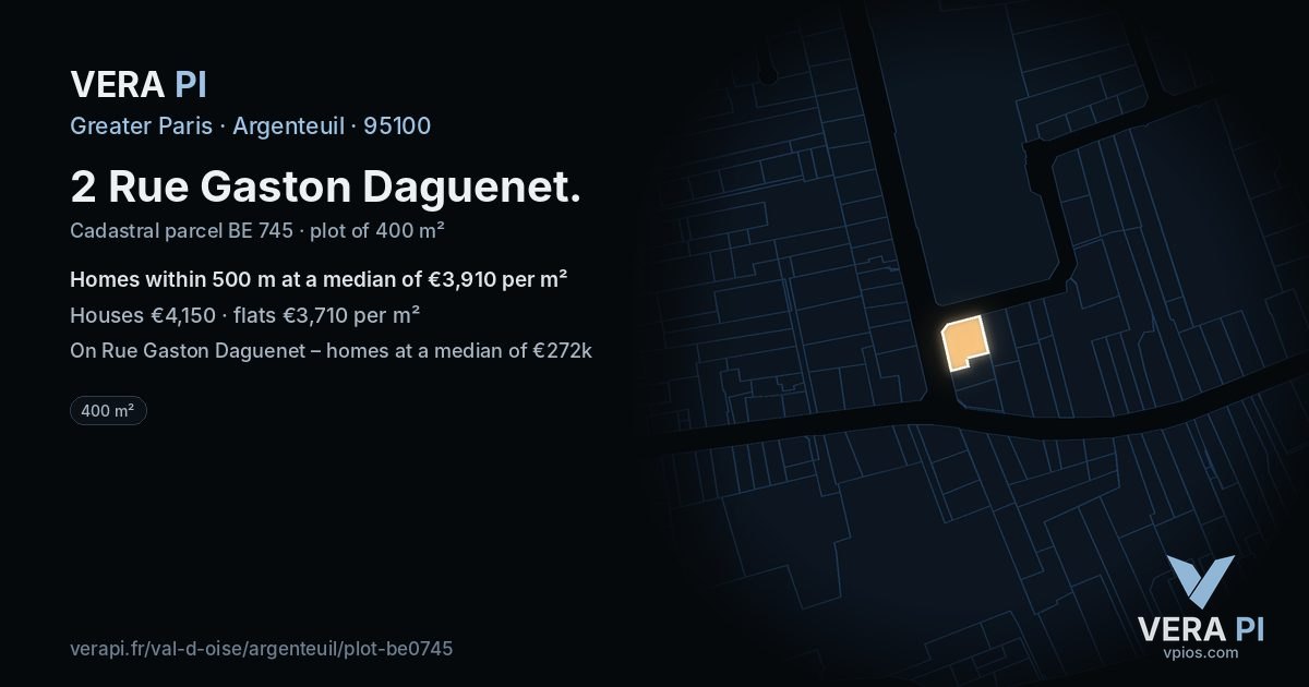 2 Rue Gaston Daguenet, Argenteuil at night – the plot lit, the parcels around coloured by the prices near them