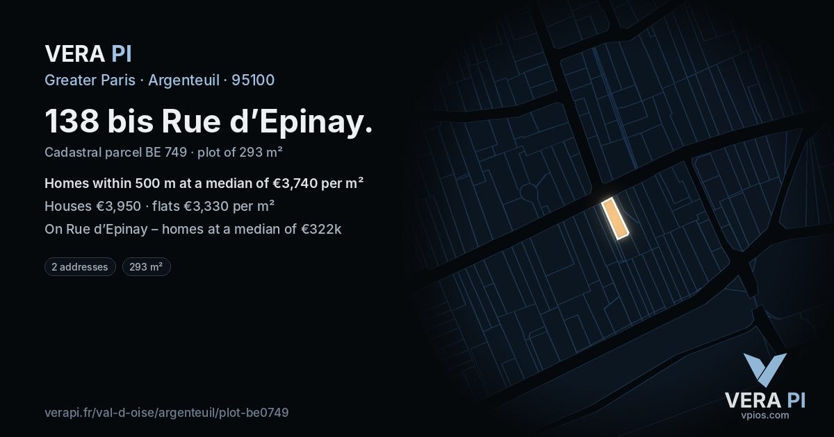 138 bis Rue d’Epinay, Argenteuil at night – the plot lit, the parcels around coloured by the prices near them