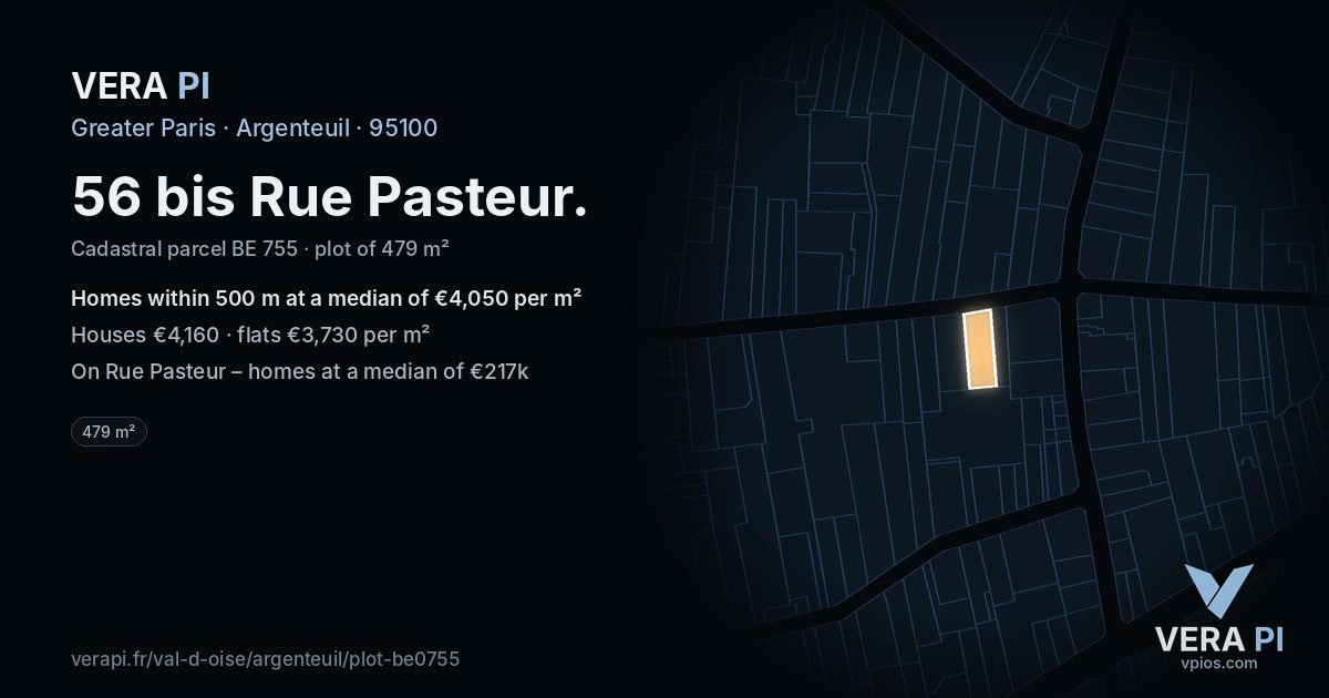 56 bis Rue Pasteur, Argenteuil at night – the plot lit, the parcels around coloured by the prices near them