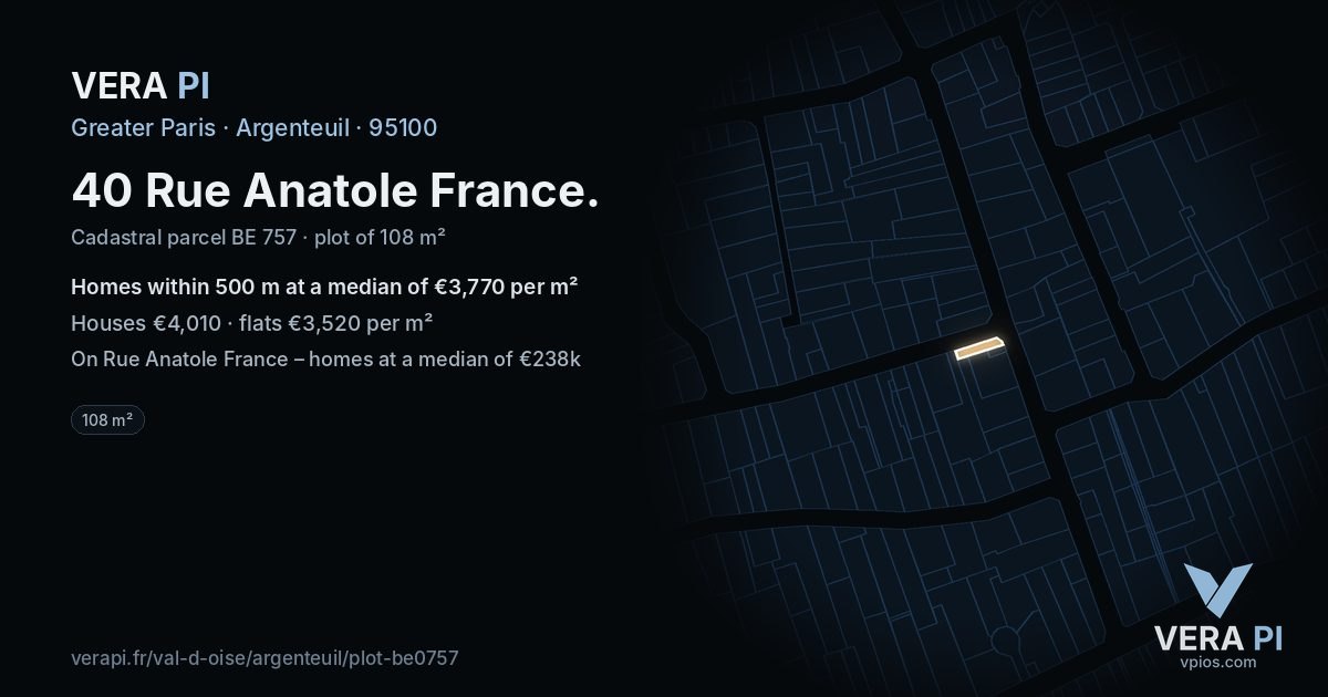 40 Rue Anatole France, Argenteuil at night – the plot lit, the parcels around coloured by the prices near them