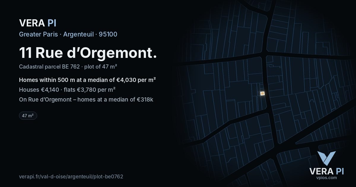 11 Rue d’Orgemont, Argenteuil at night – the plot lit, the parcels around coloured by the prices near them