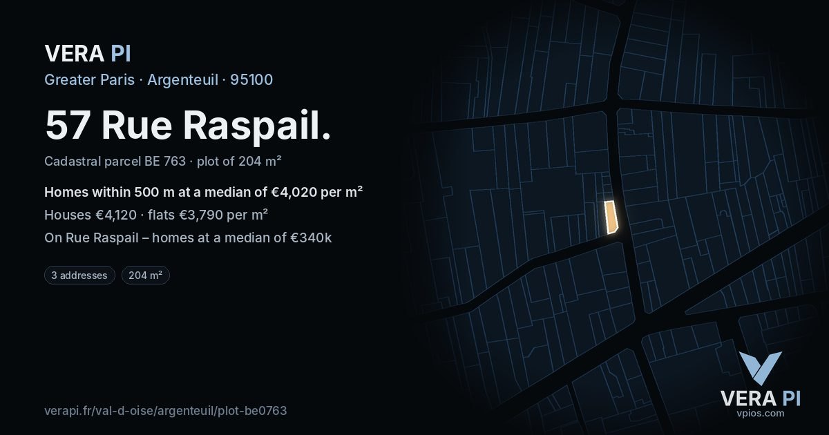 57 Rue Raspail, Argenteuil at night – the plot lit, the parcels around coloured by the prices near them