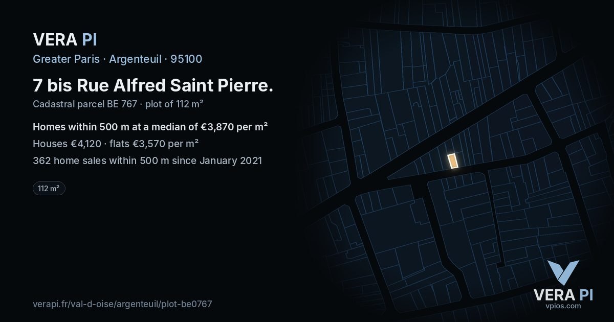 7 bis Rue Alfred Saint Pierre, Argenteuil at night – the plot lit, the parcels around coloured by the prices near them