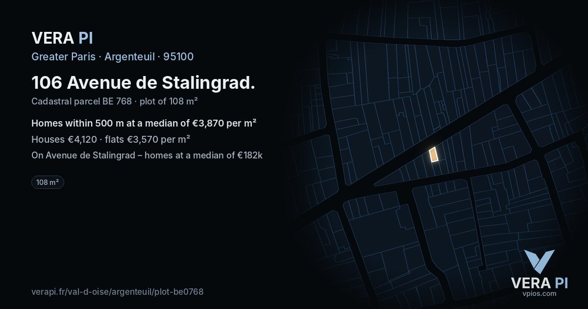 106 Avenue de Stalingrad, Argenteuil at night – the plot lit, the parcels around coloured by the prices near them