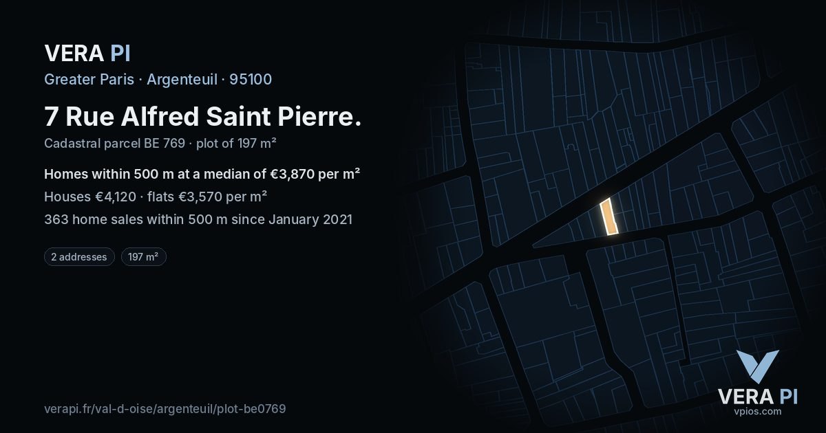 7 Rue Alfred Saint Pierre, Argenteuil at night – the plot lit, the parcels around coloured by the prices near them