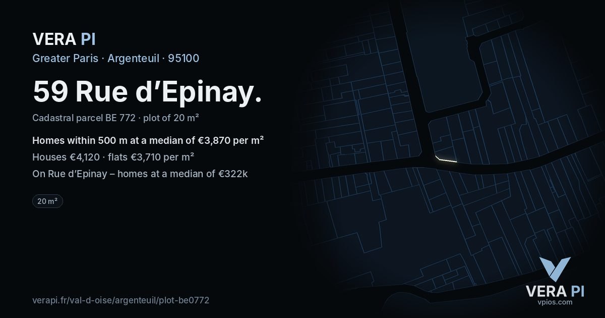 59 Rue d’Epinay, Argenteuil at night – the plot lit, the parcels around coloured by the prices near them