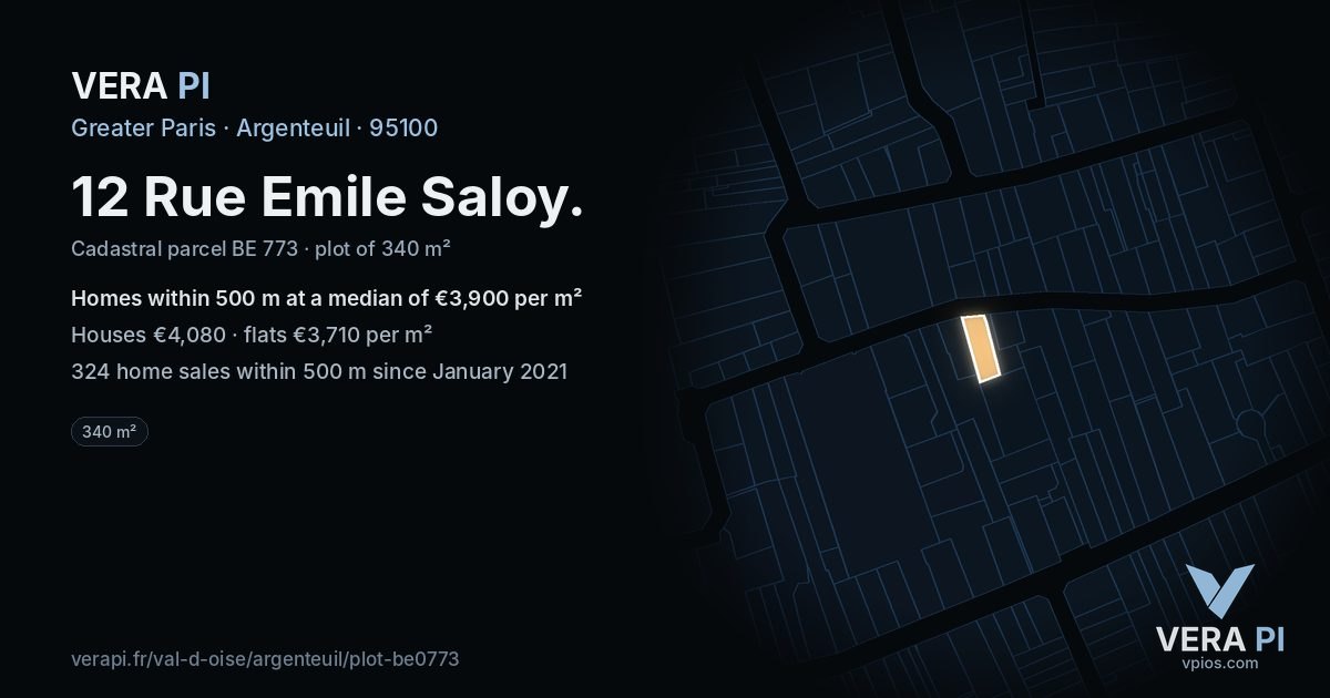 12 Rue Emile Saloy, Argenteuil at night – the plot lit, the parcels around coloured by the prices near them