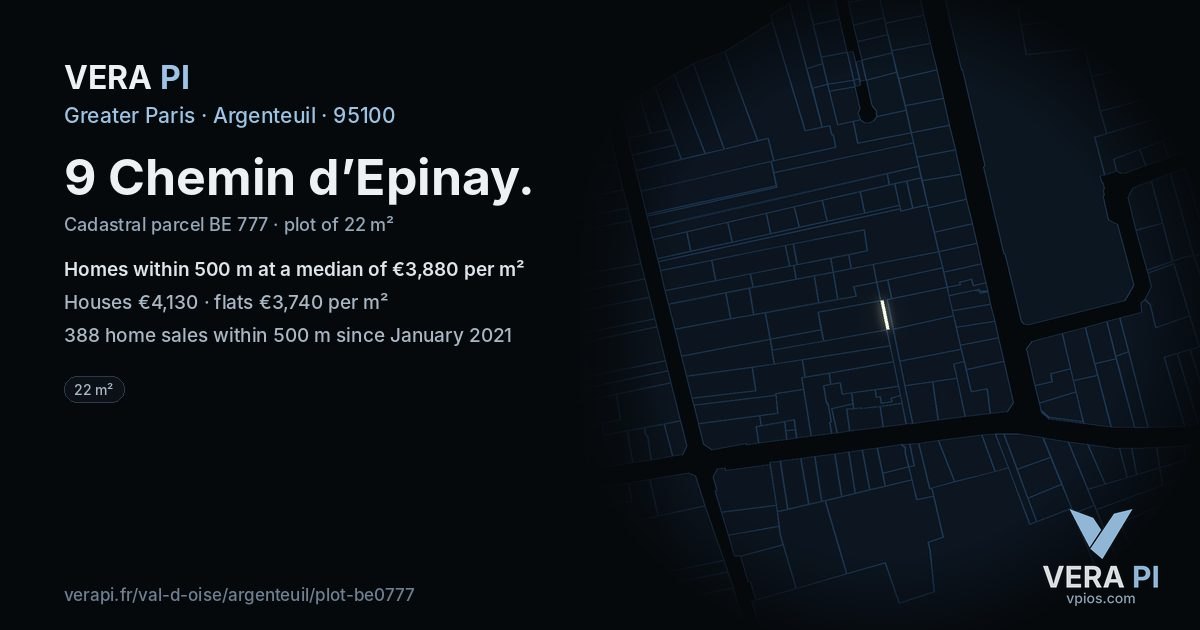 9 Chemin d’Epinay, Argenteuil at night – the plot lit, the parcels around coloured by the prices near them