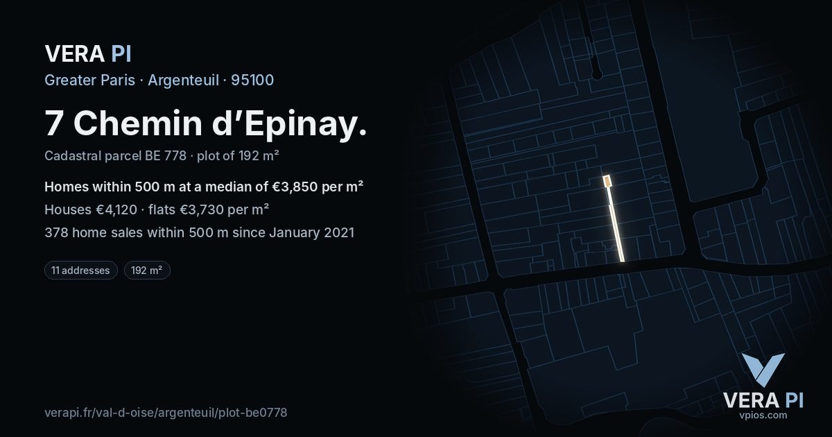 7 Chemin d’Epinay, Argenteuil at night – the plot lit, the parcels around coloured by the prices near them