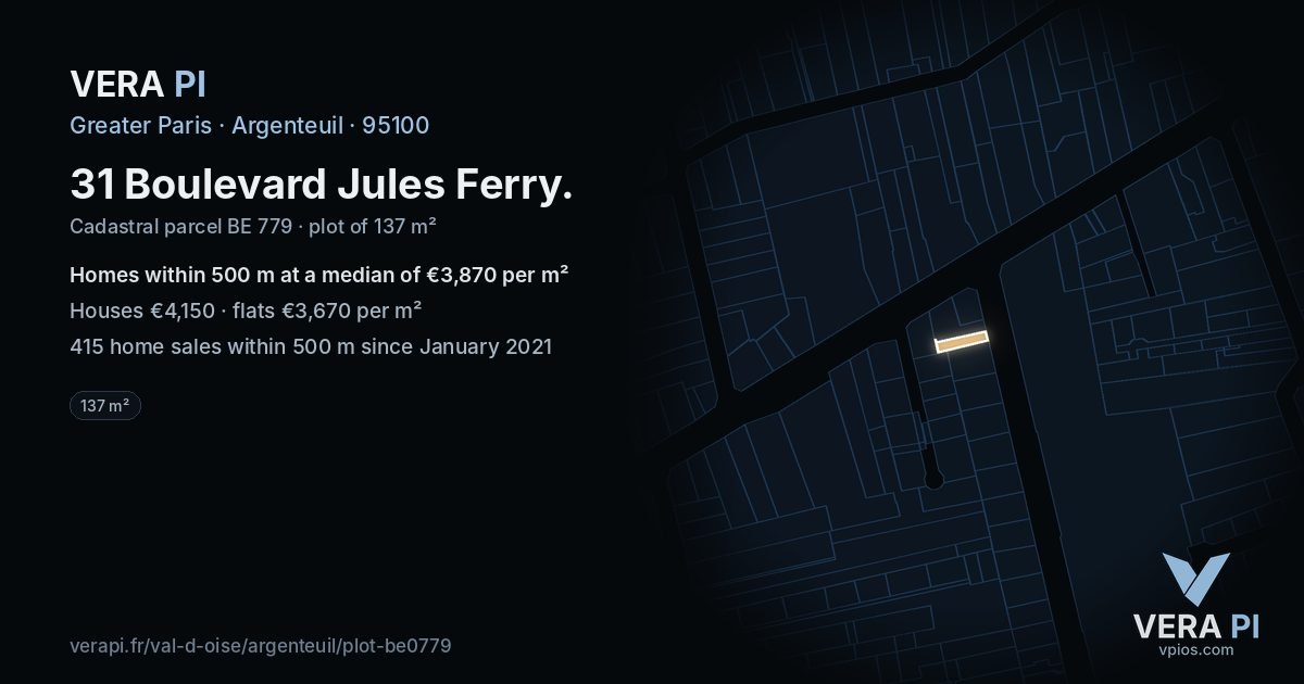 31 Boulevard Jules Ferry, Argenteuil at night – the plot lit, the parcels around coloured by the prices near them