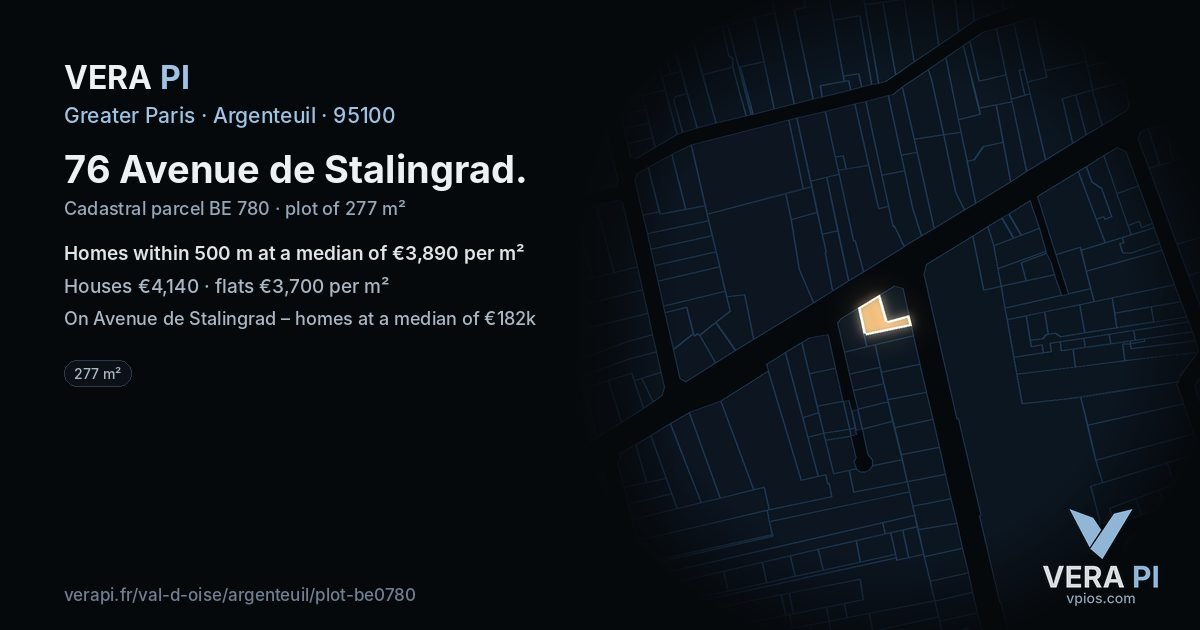 76 Avenue de Stalingrad, Argenteuil at night – the plot lit, the parcels around coloured by the prices near them