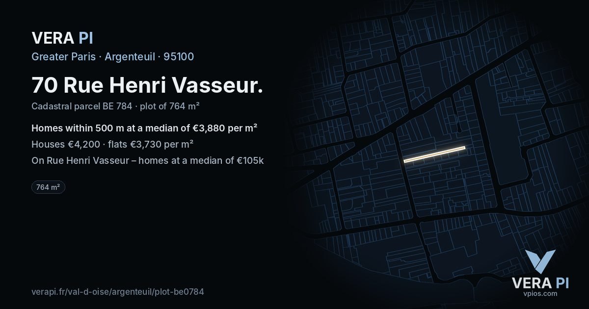 70 Rue Henri Vasseur, Argenteuil at night – the plot lit, the parcels around coloured by the prices near them