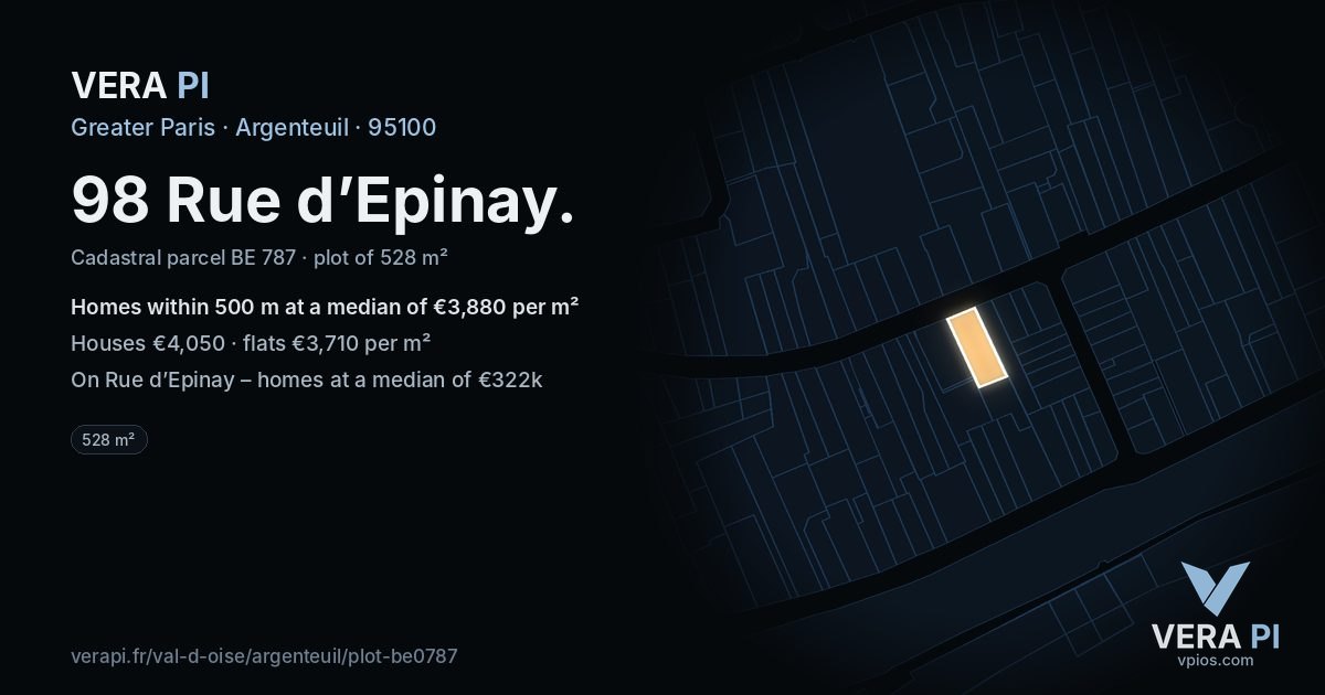 98 Rue d’Epinay, Argenteuil at night – the plot lit, the parcels around coloured by the prices near them