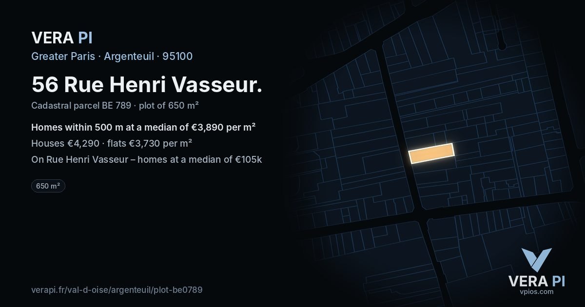 56 Rue Henri Vasseur, Argenteuil at night – the plot lit, the parcels around coloured by the prices near them