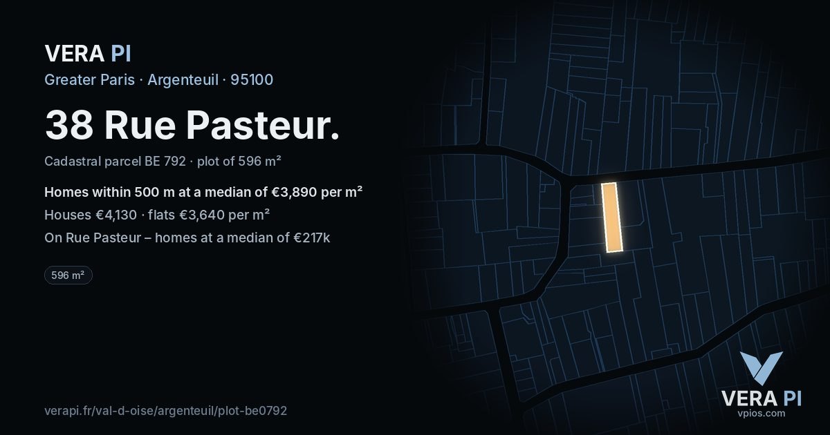 38 Rue Pasteur, Argenteuil at night – the plot lit, the parcels around coloured by the prices near them