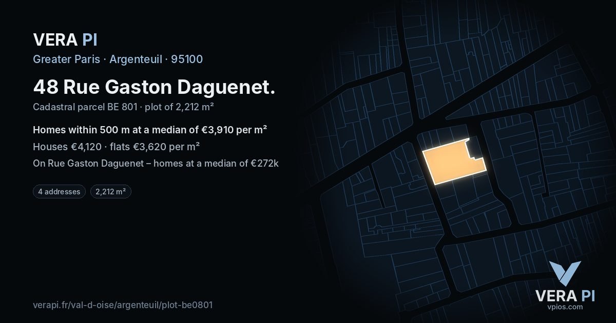 48 Rue Gaston Daguenet, Argenteuil at night – the plot lit, the parcels around coloured by the prices near them