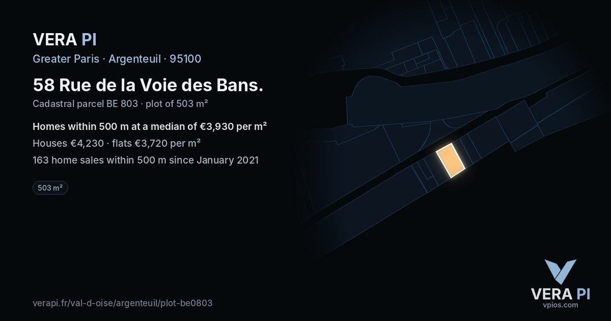 58 Rue de la Voie des Bans, Argenteuil at night – the plot lit, the parcels around coloured by the prices near them