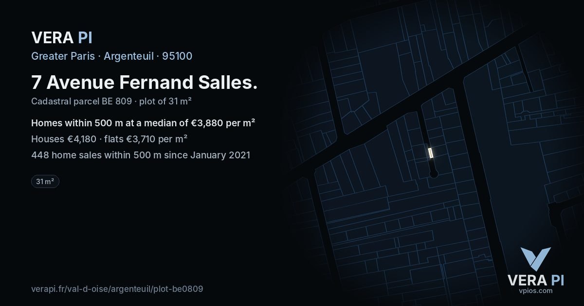 7 Avenue Fernand Salles, Argenteuil at night – the plot lit, the parcels around coloured by the prices near them