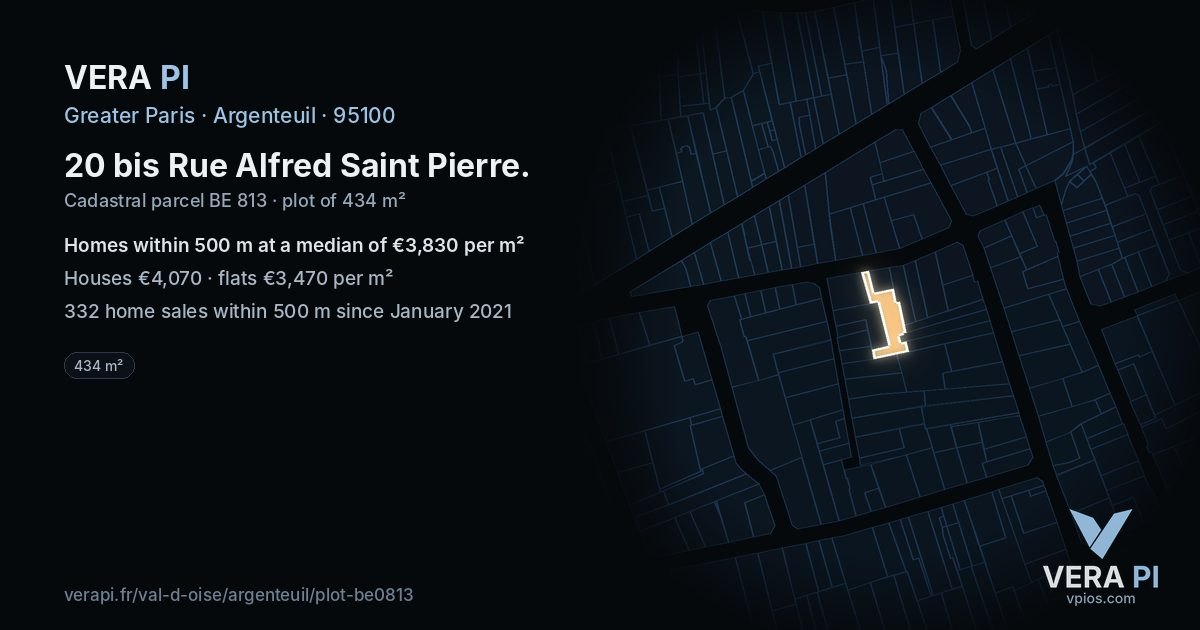 20 bis Rue Alfred Saint Pierre, Argenteuil at night – the plot lit, the parcels around coloured by the prices near them