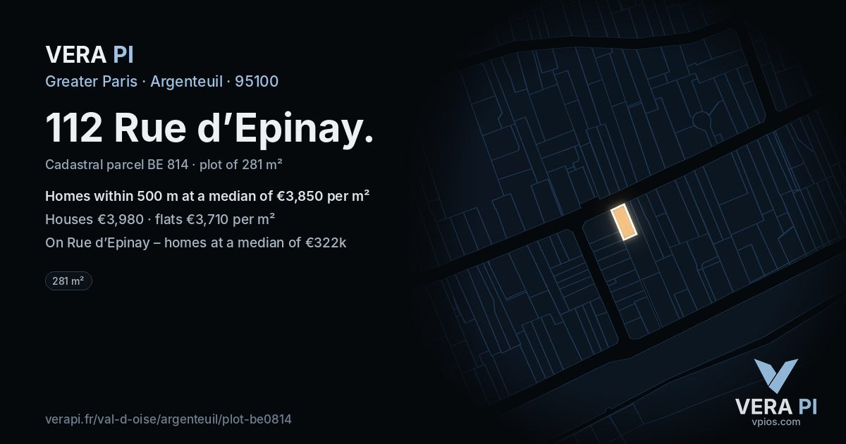 112 Rue d’Epinay, Argenteuil at night – the plot lit, the parcels around coloured by the prices near them