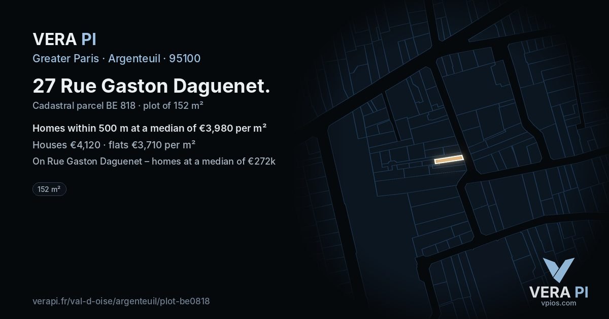 27 Rue Gaston Daguenet, Argenteuil at night – the plot lit, the parcels around coloured by the prices near them