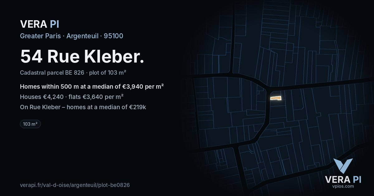 54 Rue Kleber, Argenteuil at night – the plot lit, the parcels around coloured by the prices near them