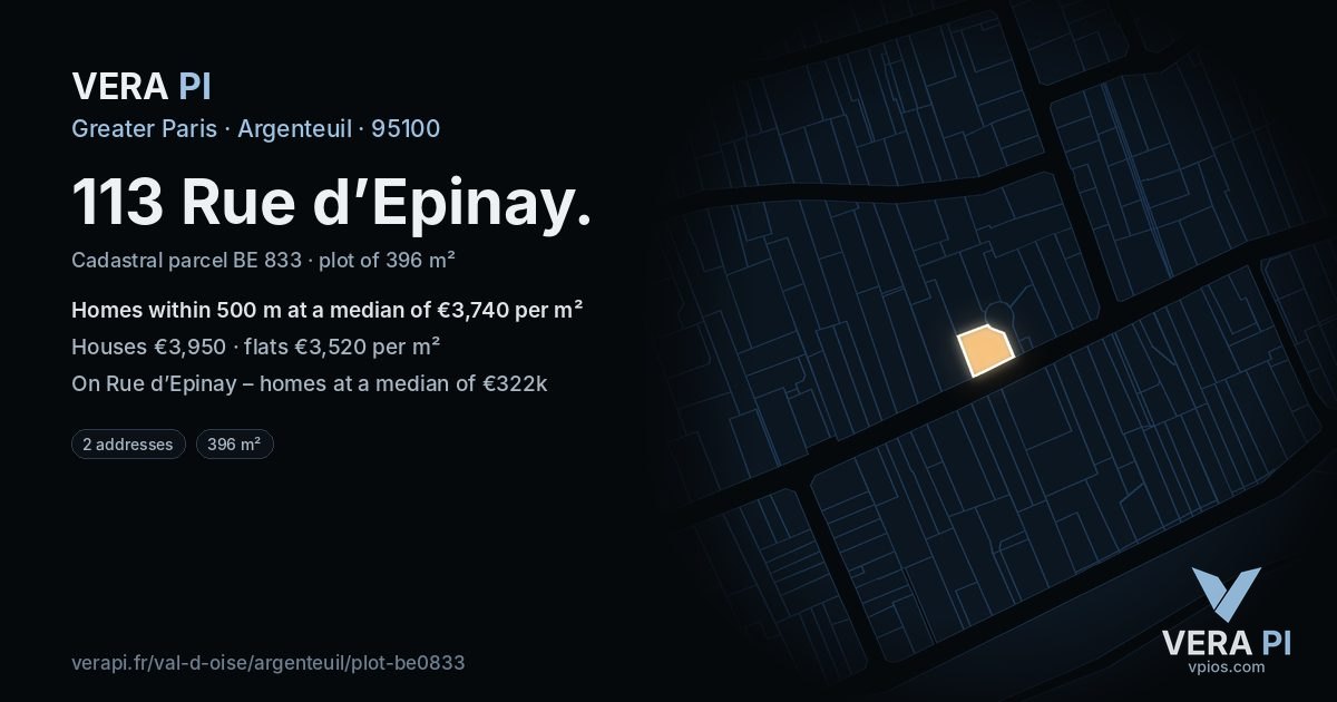 113 Rue d’Epinay, Argenteuil at night – the plot lit, the parcels around coloured by the prices near them