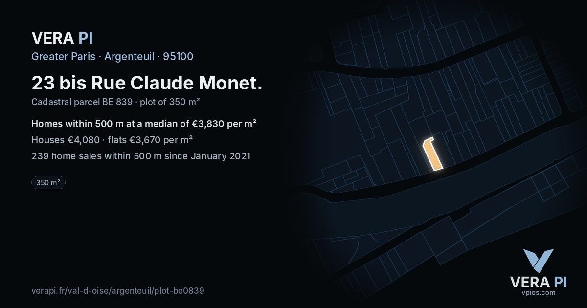 23 bis Rue Claude Monet, Argenteuil at night – the plot lit, the parcels around coloured by the prices near them