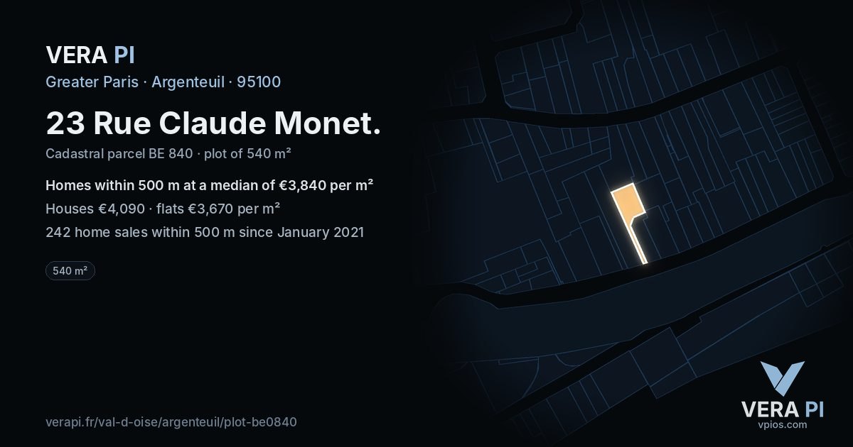 23 Rue Claude Monet, Argenteuil at night – the plot lit, the parcels around coloured by the prices near them